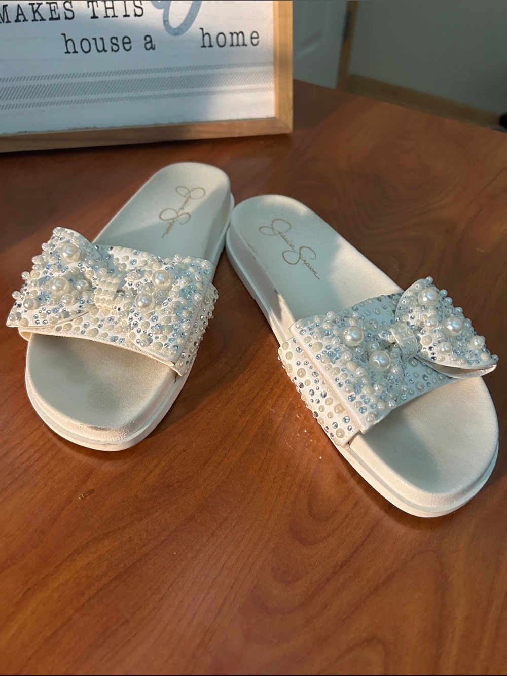 Jessica Simpson White Pearl & Rhinestone Slide Sandals
